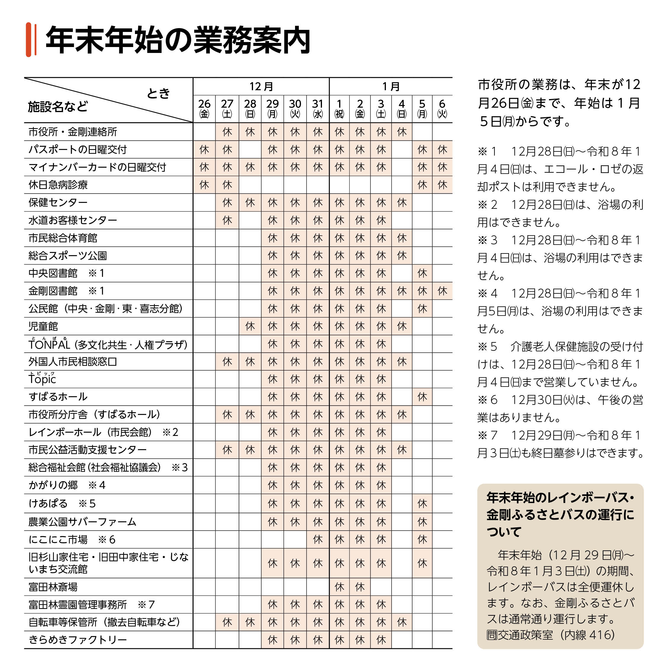 公共施設の年末年始の休業日一覧