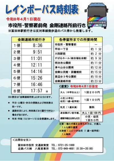 レインボーバス時刻表（R8.4.1現在 市役所・警察署前（金剛連絡所前行き）） 