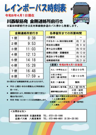レインボーバス時刻表(R8.4.1現在 川西駅筋(金剛連絡所前行き))