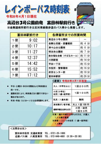 レインボーバス時刻表(R8.4.1現在 高辺台3号公園前(富田林駅前行き))